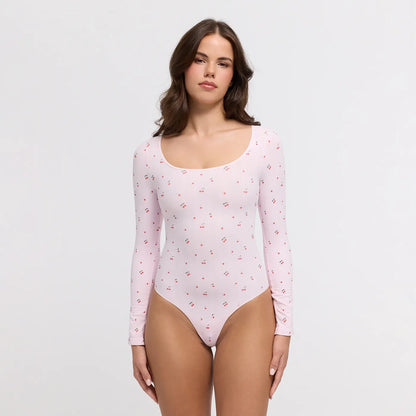 Jacquard Longsleeve Bodysuit Sculpting Shapewear mit String