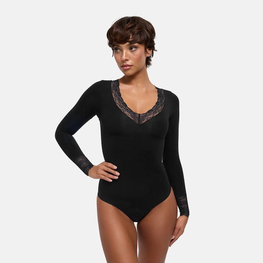Lace V-Neck Bodysuit Sculpting Shapewear Longsleeve mit Slip