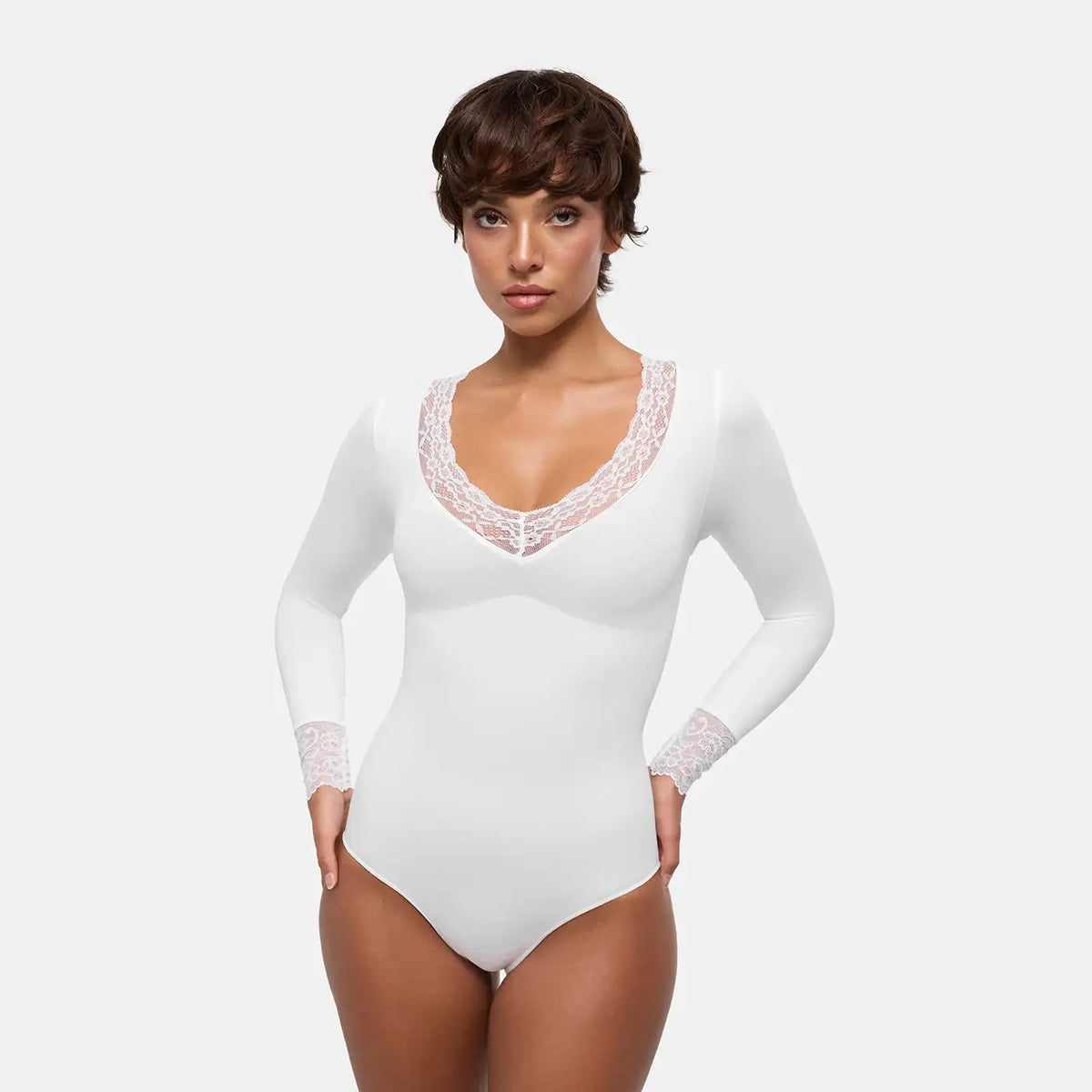 Lace V-Neck Bodysuit Sculpting Shapewear Longsleeve mit Slip