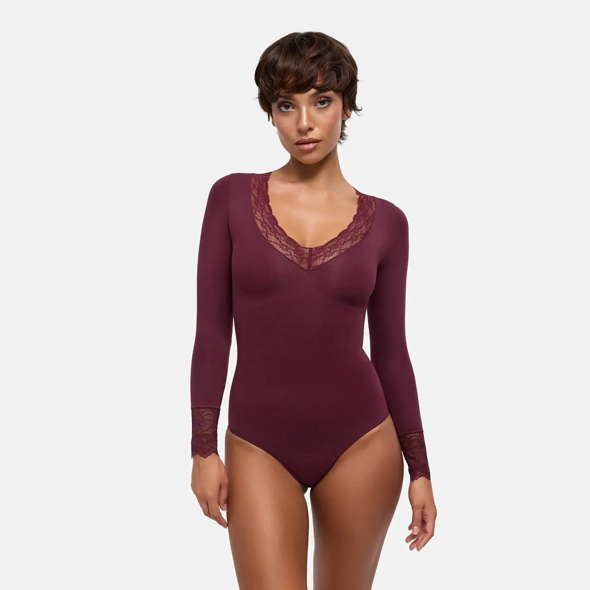 Lace V-Neck Bodysuit Sculpting Shapewear Longsleeve mit Slip