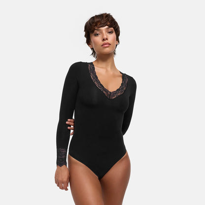 Lace V-Neck Bodysuit Sculpting Shapewear Longsleeve mit String