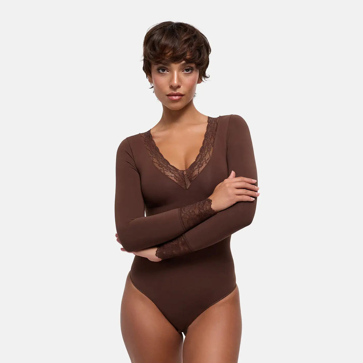 Lace V-Neck Bodysuit Sculpting Shapewear Longsleeve mit String