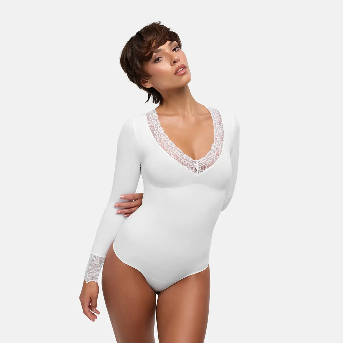 Lace V-Neck Bodysuit Sculpting Shapewear Longsleeve mit String