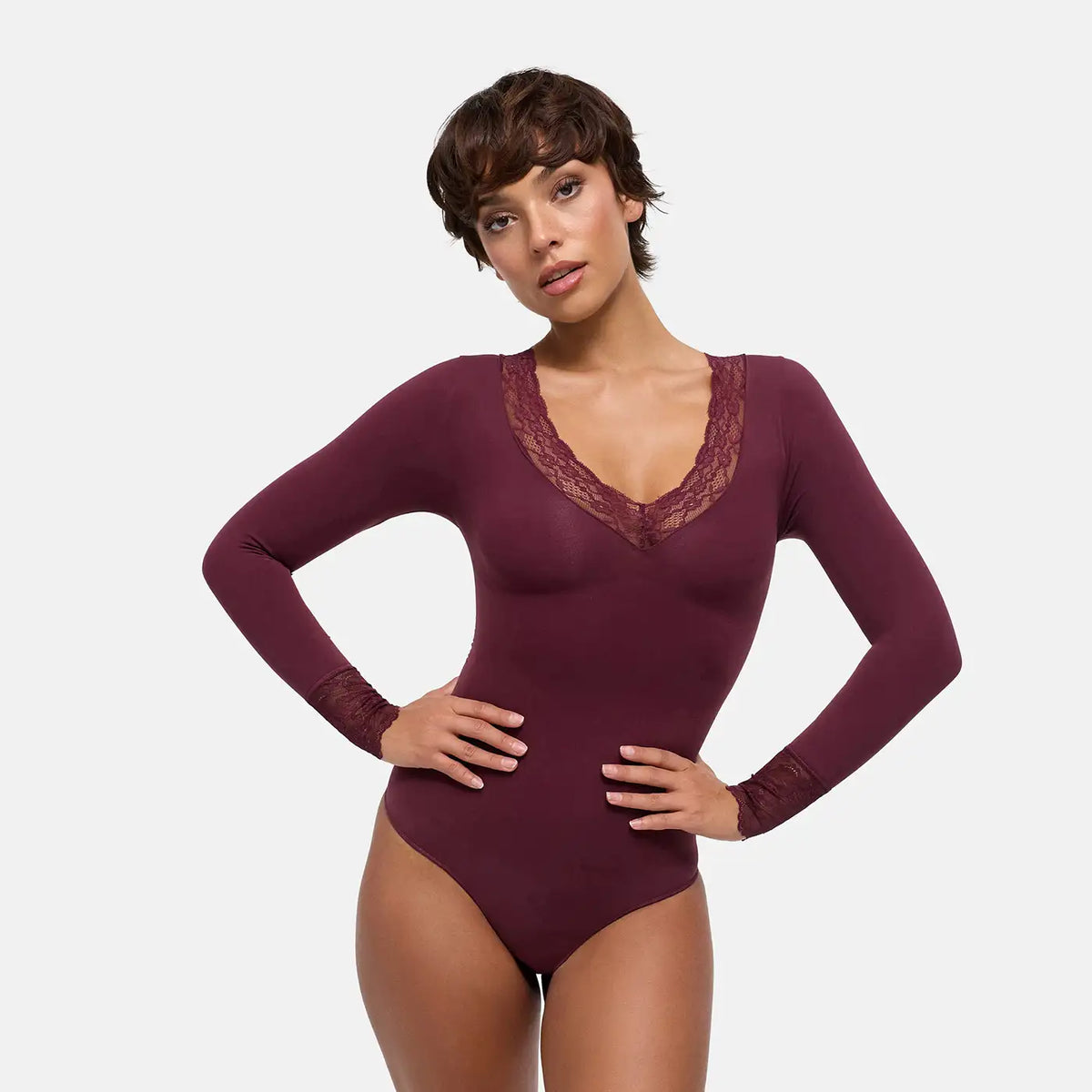 Lace V-Neck Bodysuit Sculpting Shapewear Longsleeve mit String