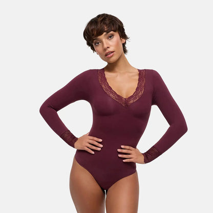 Lace V-Neck Bodysuit Sculpting Shapewear Longsleeve mit String