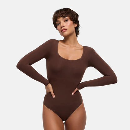 Square Neck Bodysuit Sculpting Shapewear Longsleeve mit String
